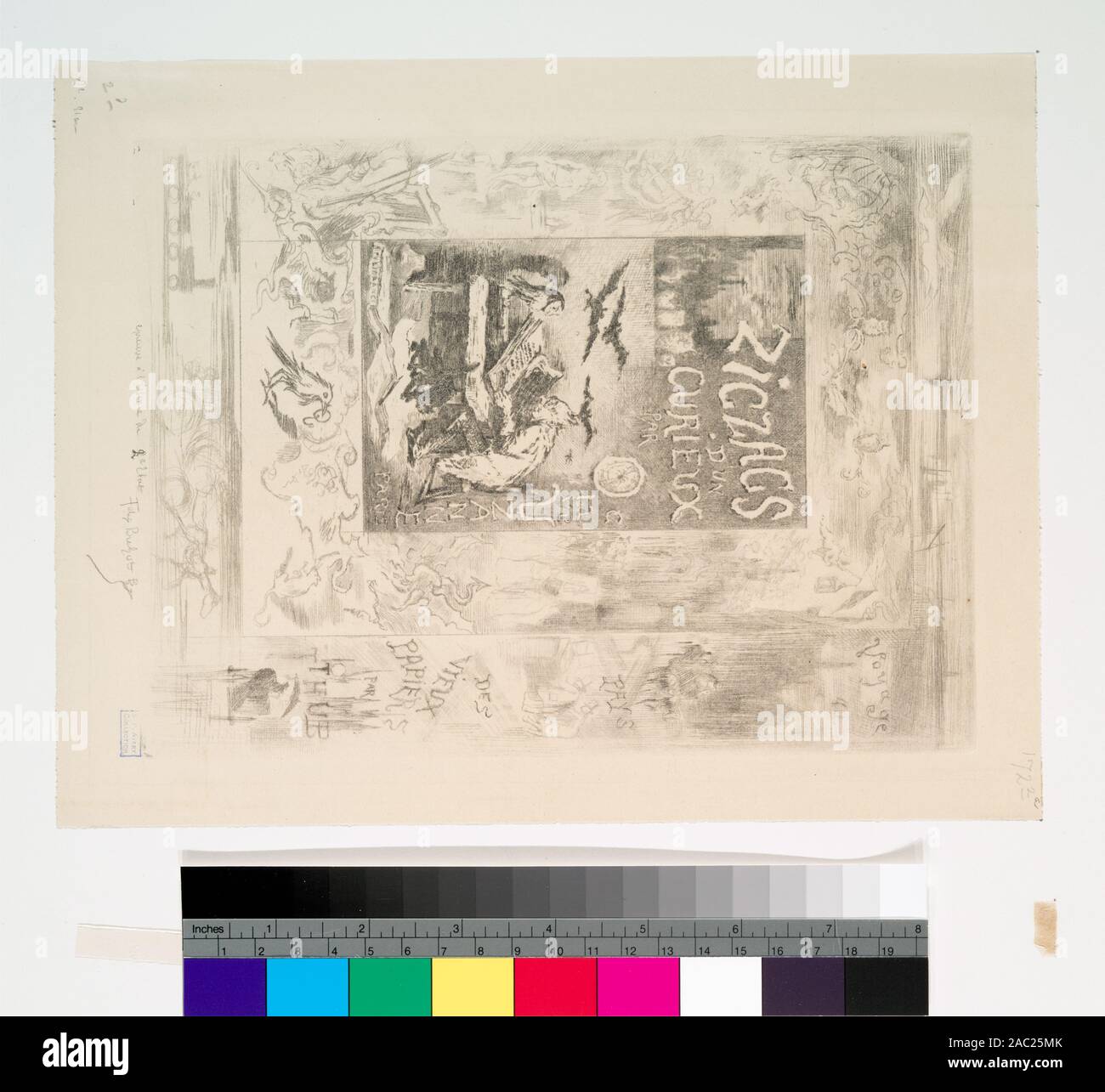 Frontispice pour les zig-zag d'onu curieux, d'Octave Uzanne ammissione è concesso mediante applicazione per l'Ufficio di collezioni speciali. Date da Gustave Bourcard & James Goodfriend, Felix catalogo Buhot descriptif de son oeuvre grave (1979), p. 71, 113. Alcune stampe datata in lastra o a matita, dall'artista. Fa parte di Samuel Putnam Avery collezione. Dono di Samuel Putnam Avery, 1900. Impressioni di B154, B167, B172 e B173 sono state in precedenza la collezione di Frederick Keppel & sono iscritti a lui da parte dell'artista. Aziende controllate in copia dipartimentali di Gustave Bourcard & James Goodfr Foto Stock