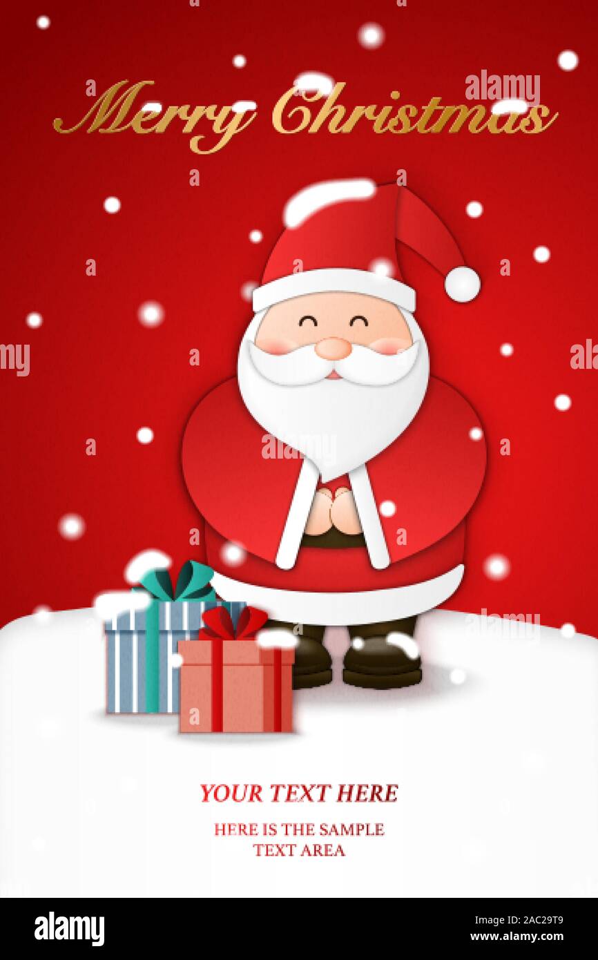 Carta in rilievo arte di Babbo Natale e regali presente sulla neve di massa. Buon Natale e felice anno nuovo vettore illustrazione clip. Illustrazione Vettoriale