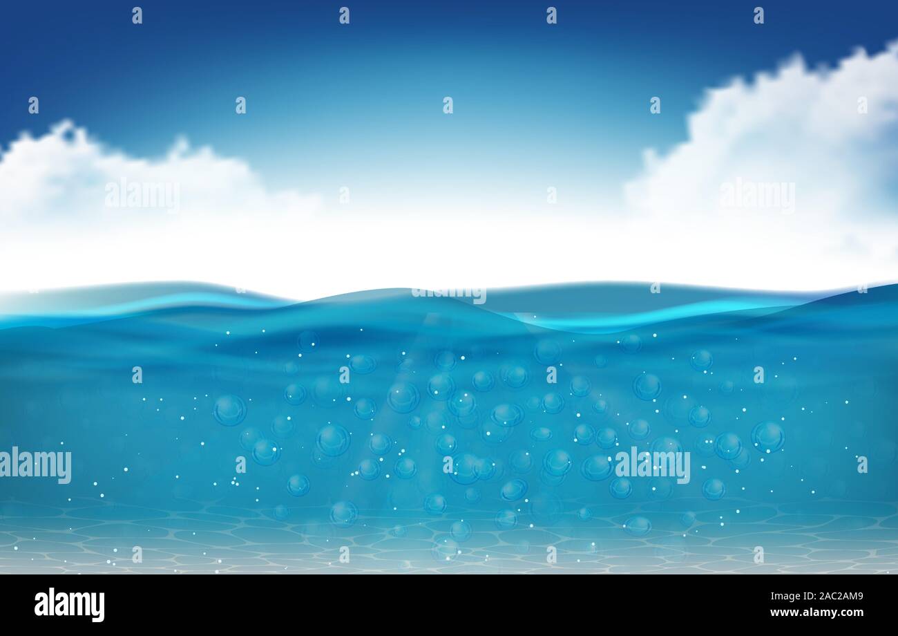 Mare realistica scena subacquea con onda trasparente. Ocean scena banner orizzontale con superficie di acqua Illustrazione Vettoriale