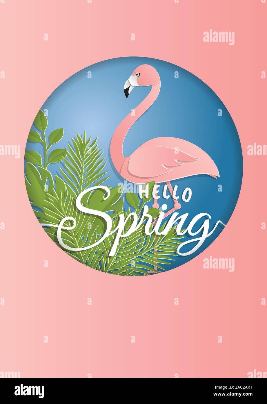 Uccelli esotici dell'amore. Flamingo giovane. Di un bel colore rosa uccelli. Amore con il taglio della carta bianco cuori. Buon San Valentino. Illustrazione Vettoriale