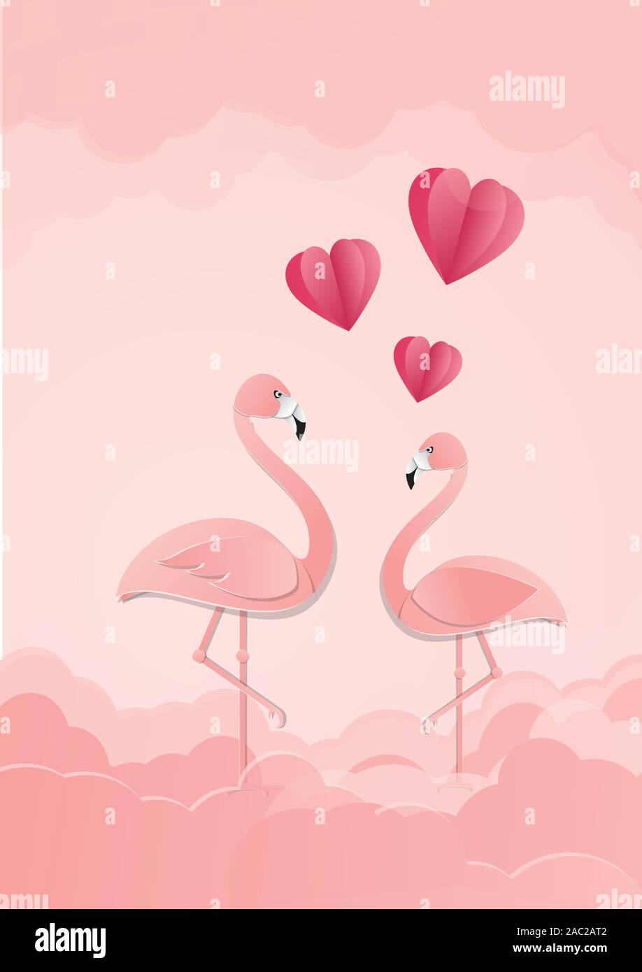 Uccelli esotici dell'amore. Flamingo giovane. Di un bel colore rosa uccelli. Amore con il taglio della carta bianco cuori. Buon San Valentino. Illustrazione Vettoriale