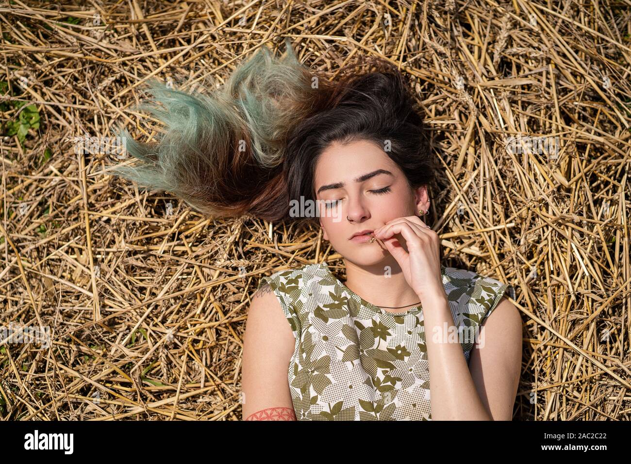 Ragazza distesa in un campo di grano e posa sul fieno asciutto erba, durante la stagione estiva. Relax nella natura. Giovane donna in posa di campo. La mentalità reset Foto Stock