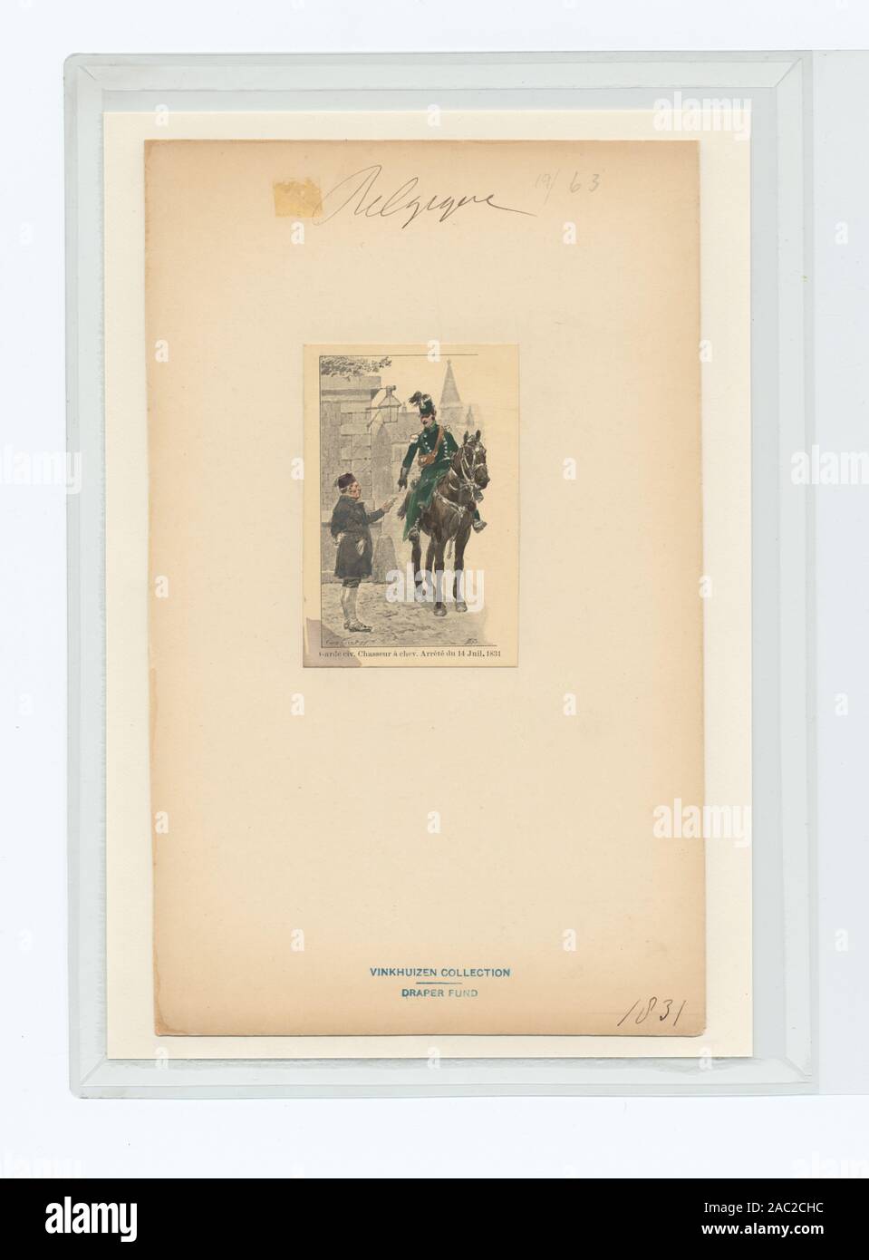 Garde civ Chasseur à cheval Arrêté du 14 juil 1831 Proprietà : Fondo a pettine (571239) Un cavallo chasseur della guardia civica in uniforme del 14 luglio 1831(Geens); Garde civ. Chasseur à Cheval. Arrêté du 14 juil. 1831. Foto Stock