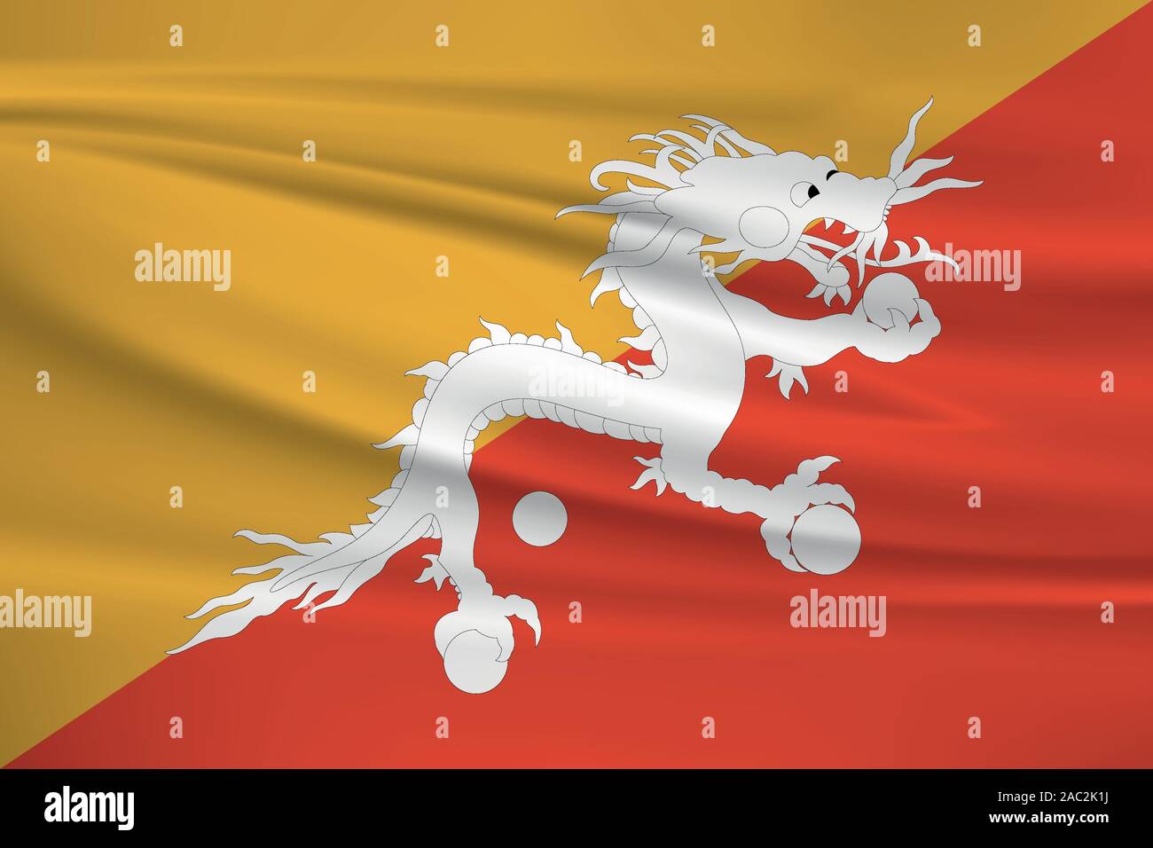 Sventola bandiera Bhutan, colori ufficiali e il rapporto corretto. Il Bhutan bandiera nazionale. Illustrazione Vettoriale. Illustrazione Vettoriale