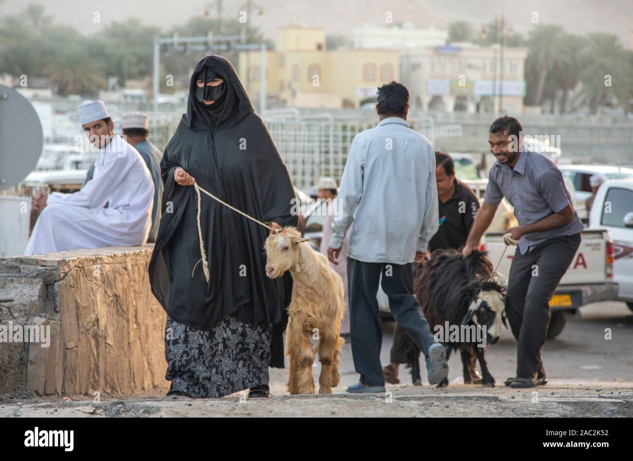 Nizwa, Oman, Dicembre 2015: omani donna presso il vecchio Nizwa mercato di capra Foto Stock