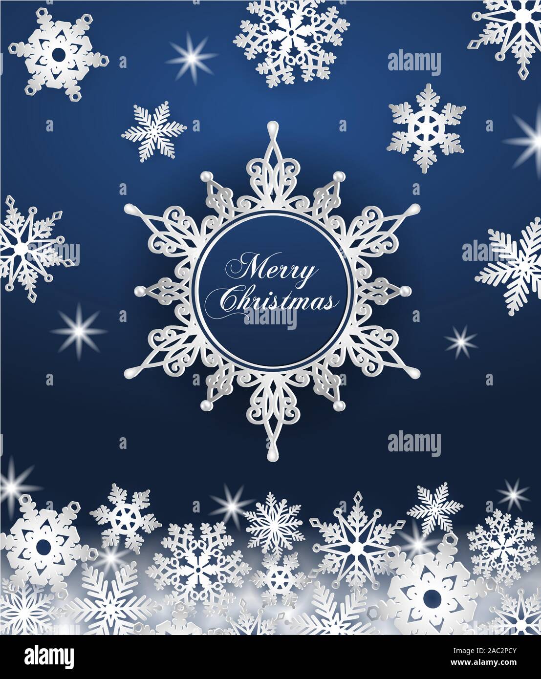 Auguri di Natale carta con i fiocchi di neve su sfondo blu Illustrazione Vettoriale