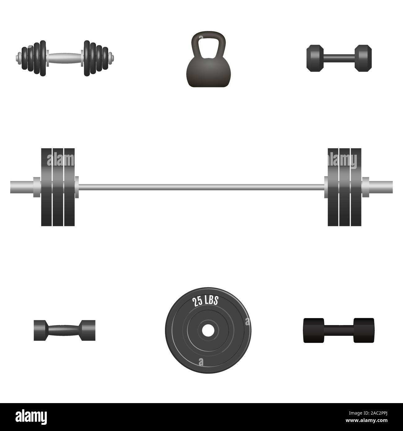Set di 3D Sport gli elementi di apparecchiature. Elementi di progettazione per la palestra e la sala fitness. Vista frontale, illustrazione vettoriale. Illustrazione Vettoriale