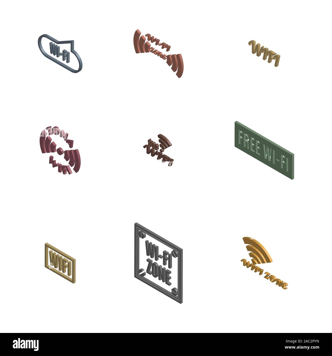 Set di varie icone senza fili isolati su uno sfondo bianco. 3D isometrica stile, illustrazione vettoriale. Illustrazione Vettoriale