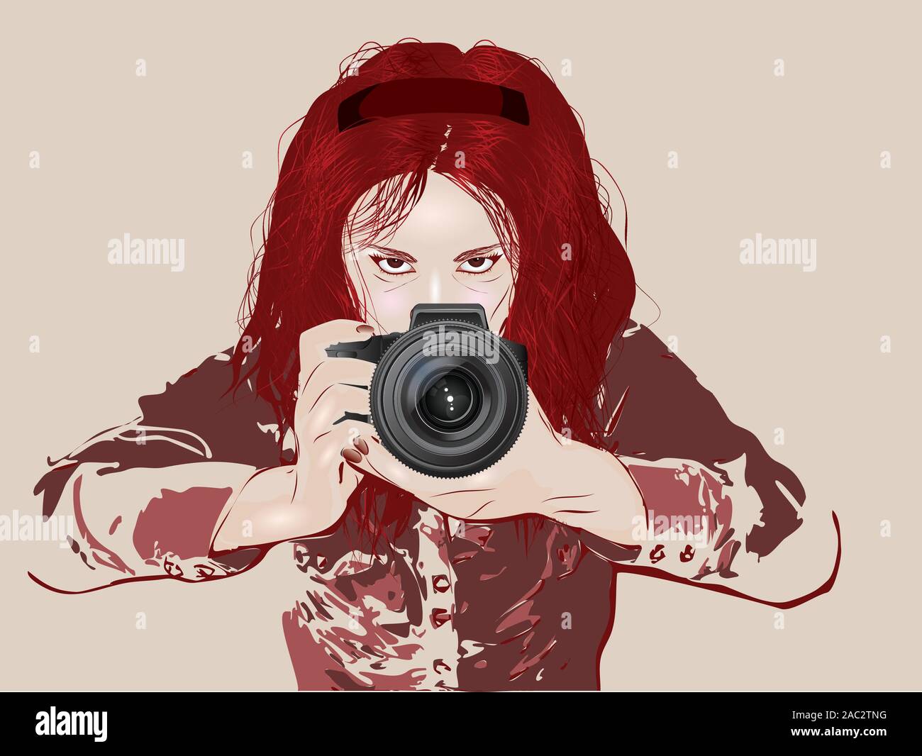 Fotografo femmina di scattare le foto con la sua fotocamera digitale, grunge illustrazione. Illustrazione Vettoriale