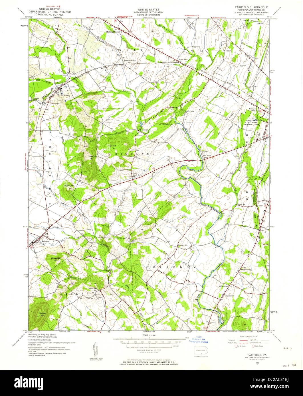 USGS TOPO Map Pennsylvania PA Fairfield 172533 1951 24000 Restauro Foto Stock