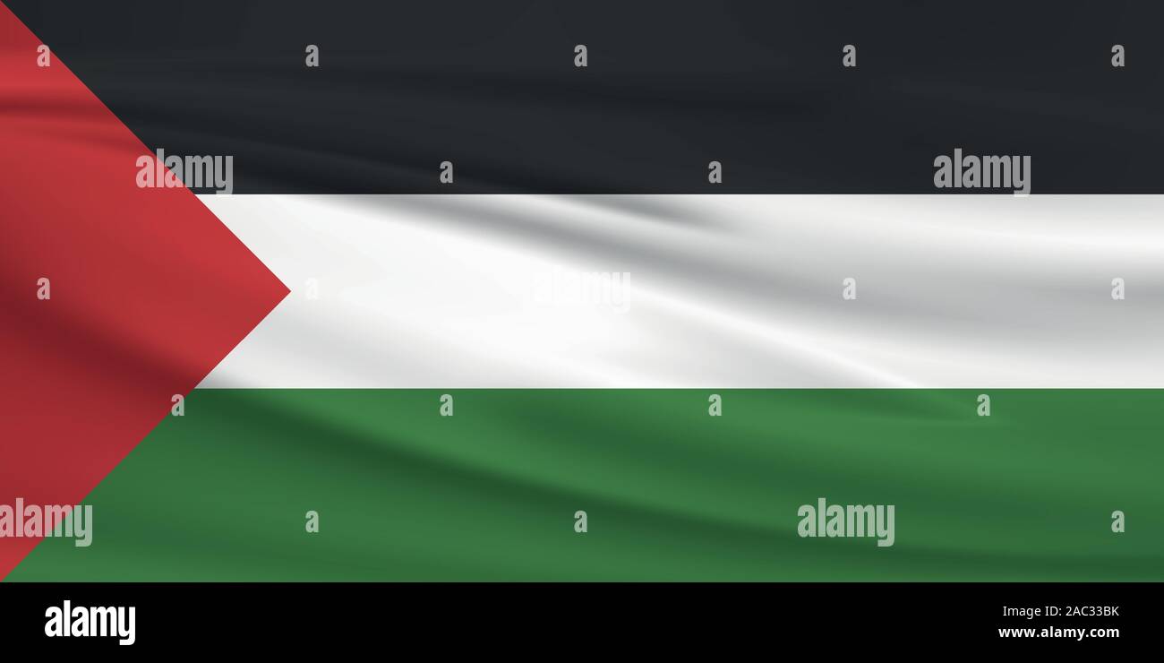 Sventola bandiera della Palestina, colori ufficiali e il rapporto corretto. Palestina bandiera nazionale. Illustrazione Vettoriale. Illustrazione Vettoriale