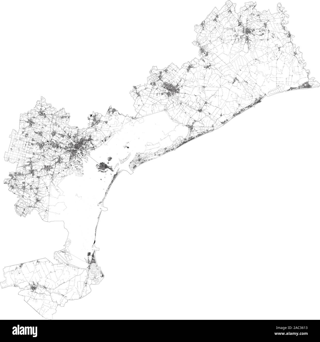 Mappa satellitare di Venezia e le aree circostanti. Veneto, Italia. Mappa di strade, tangenziali e autostrade, fiumi, linee ferroviarie Illustrazione Vettoriale