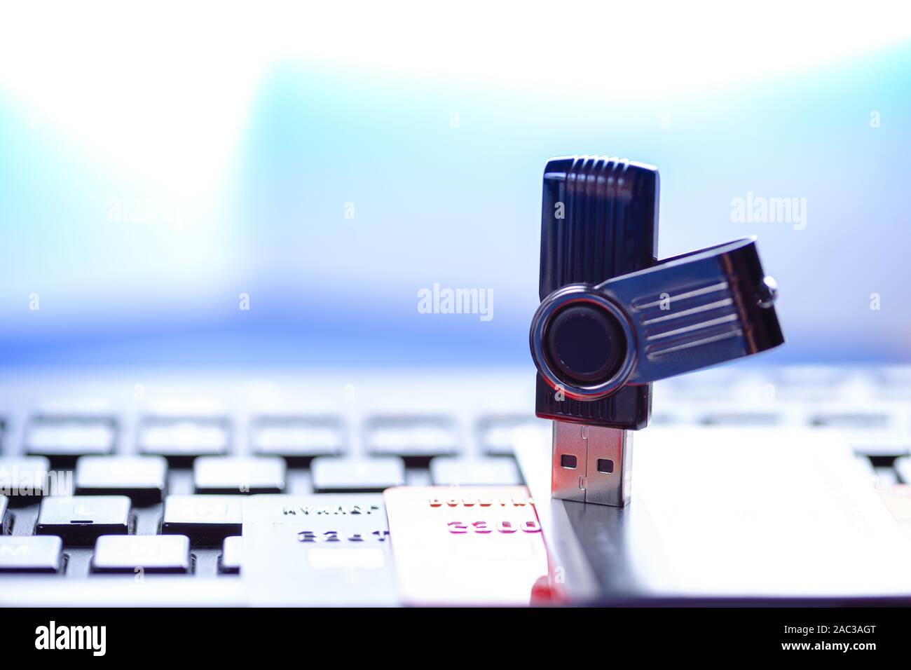 Pagamento sicuro concetto. Memory stick USB su carta di credito e la tastiera Foto Stock