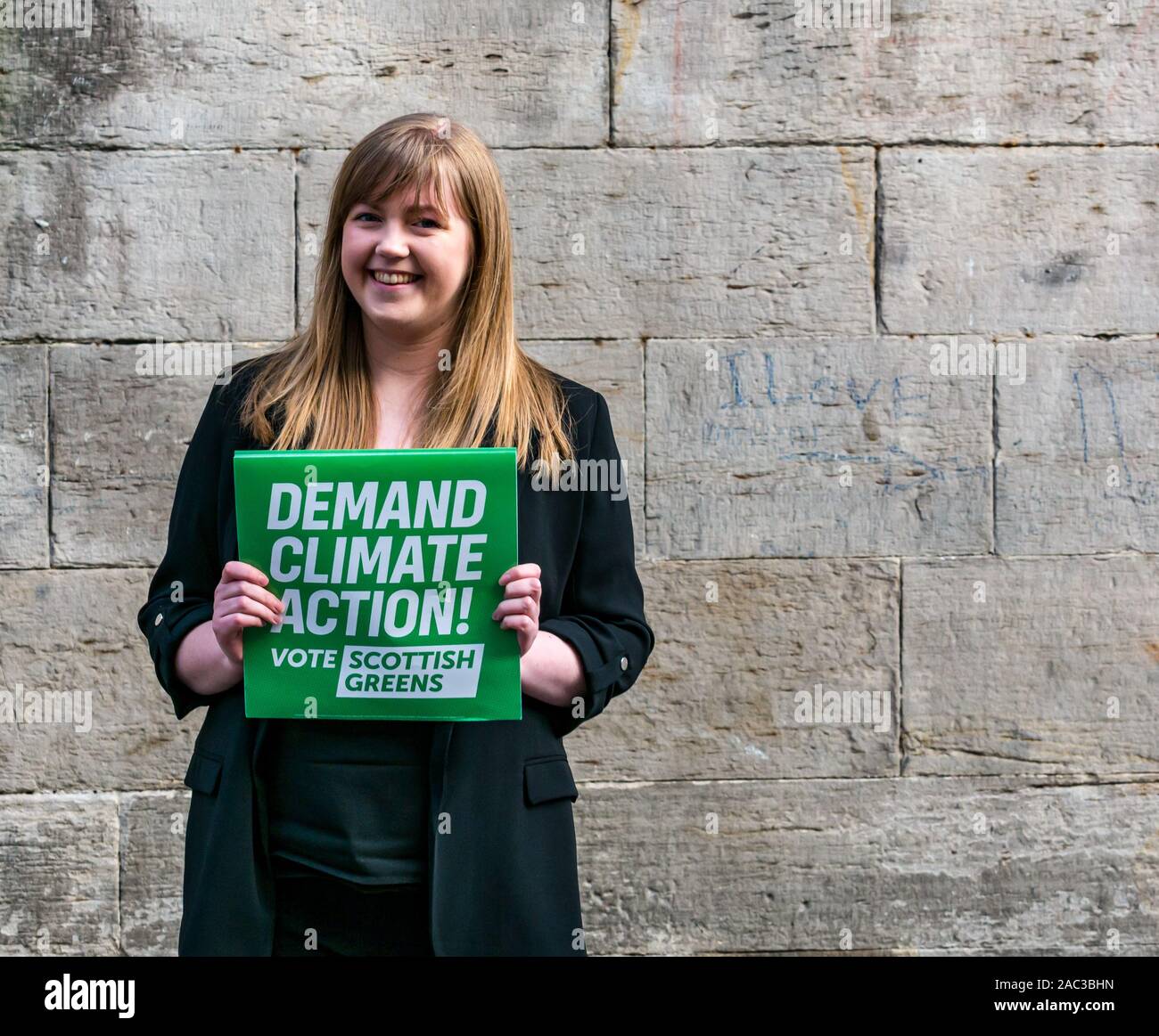 Scottish Partito Verde richiede il cambiamento climatico azione in campagna elettorale. Gillian Mackay, Scottish verdi candidato Foto Stock