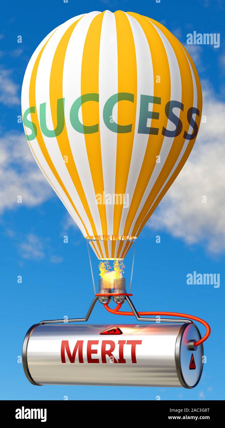 Il merito e il successo - mostrato come parola merito su un serbatoio di carburante e un palloncino, per simboleggiare che il merito di contribuire al successo nel business e nella vita, 3d illustrat Foto Stock