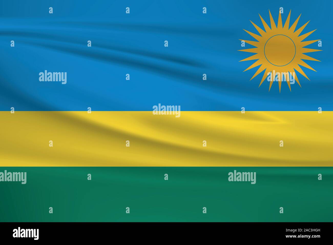 Sventola bandiera Ruanda, colori ufficiali e il rapporto corretto. Ruanda bandiera nazionale. Illustrazione Vettoriale. Illustrazione Vettoriale