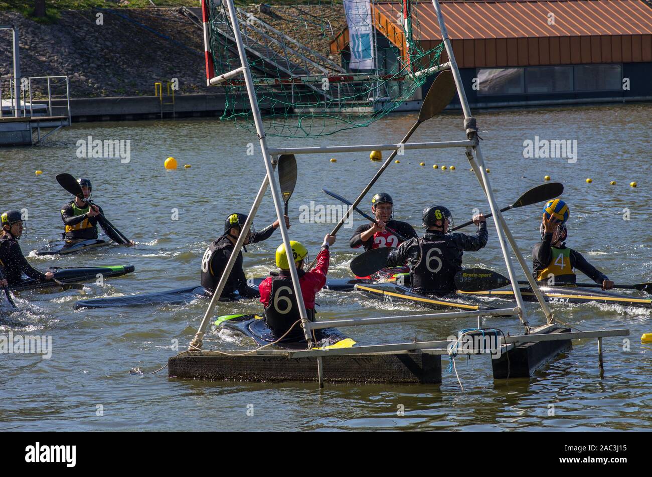 Canoa polo match Foto Stock