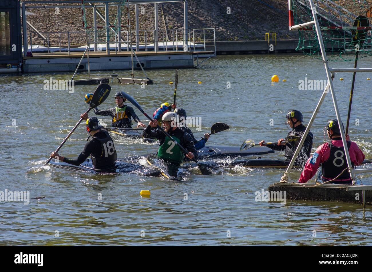 Canoa polo match Foto Stock