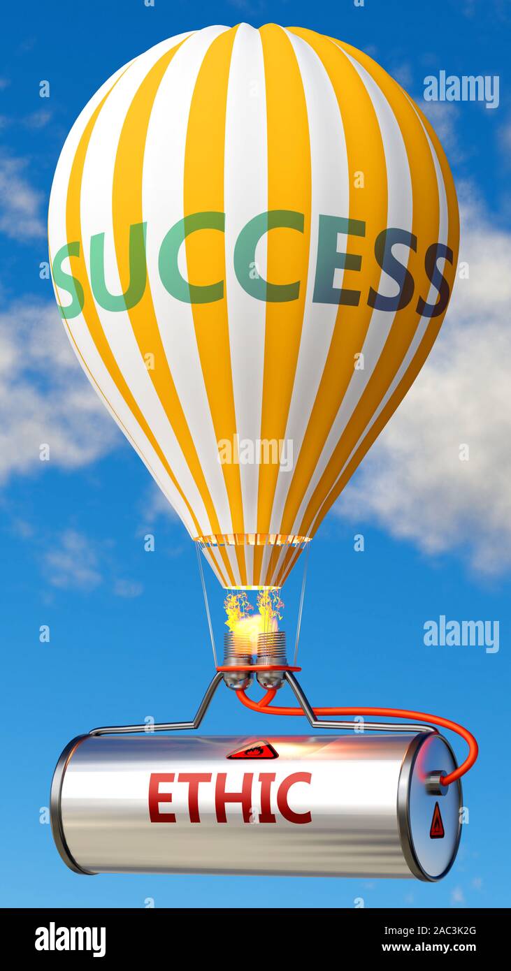 Etica e successo - mostrato come parola etica su un serbatoio di carburante e un palloncino, per simboleggiare quell etica contribuiscono al successo nel business e nella vita, 3d illustrat Foto Stock