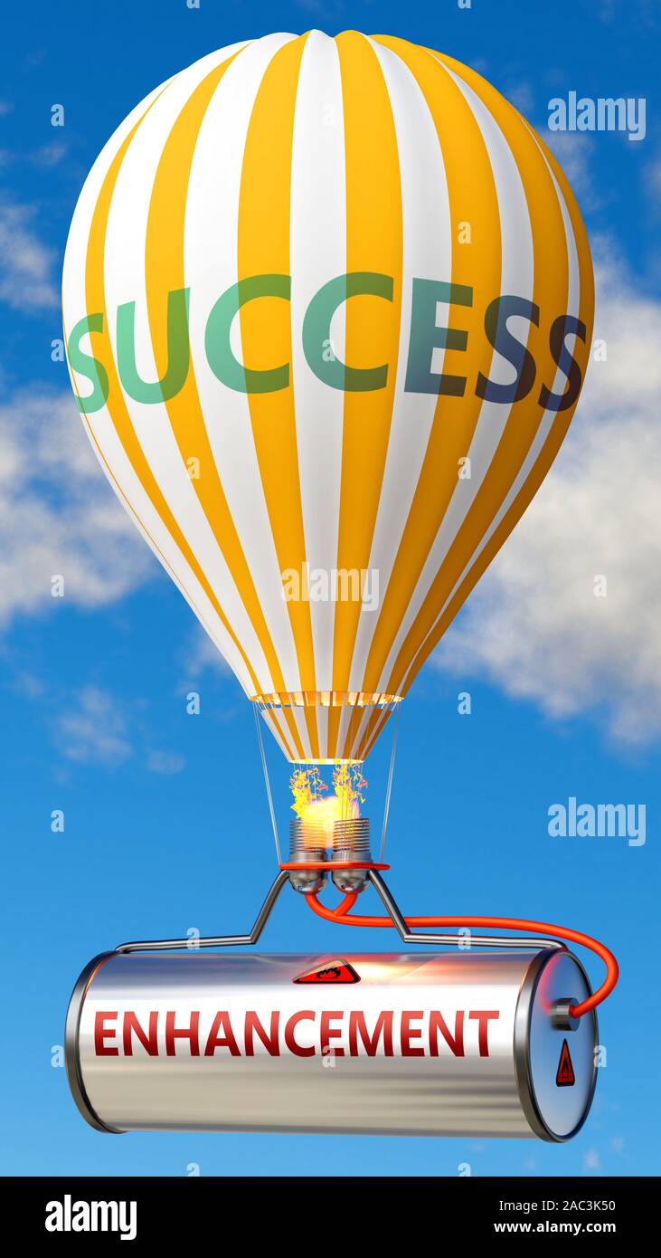 Il miglioramento e il successo - mostrato come parola valorizzazione su un serbatoio di carburante e un palloncino, a simboleggiare il miglioramento che contribuiscono al successo nel business e Foto Stock