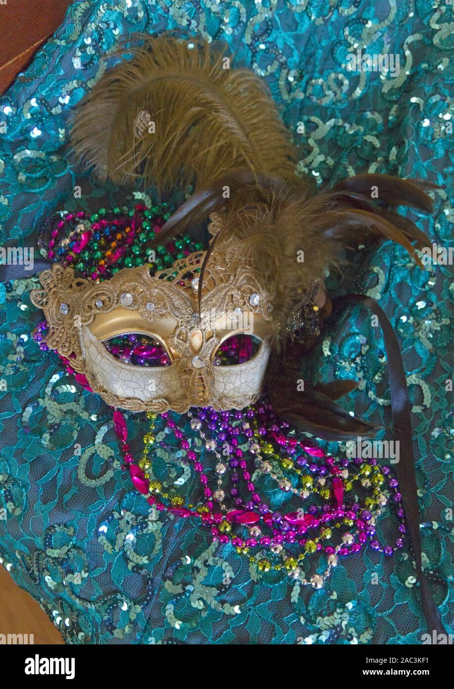 Misterioso Mardi Gras masquerade mask e coloratissimo carnevale cordoni su un panno sequined sfondo Foto Stock