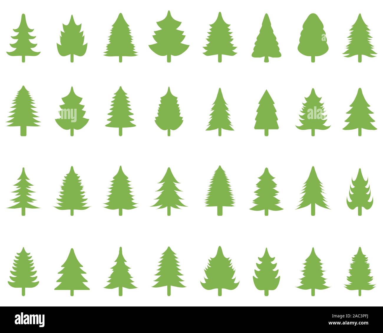 Set di alberi di Natale verdi su sfondo bianco Foto Stock