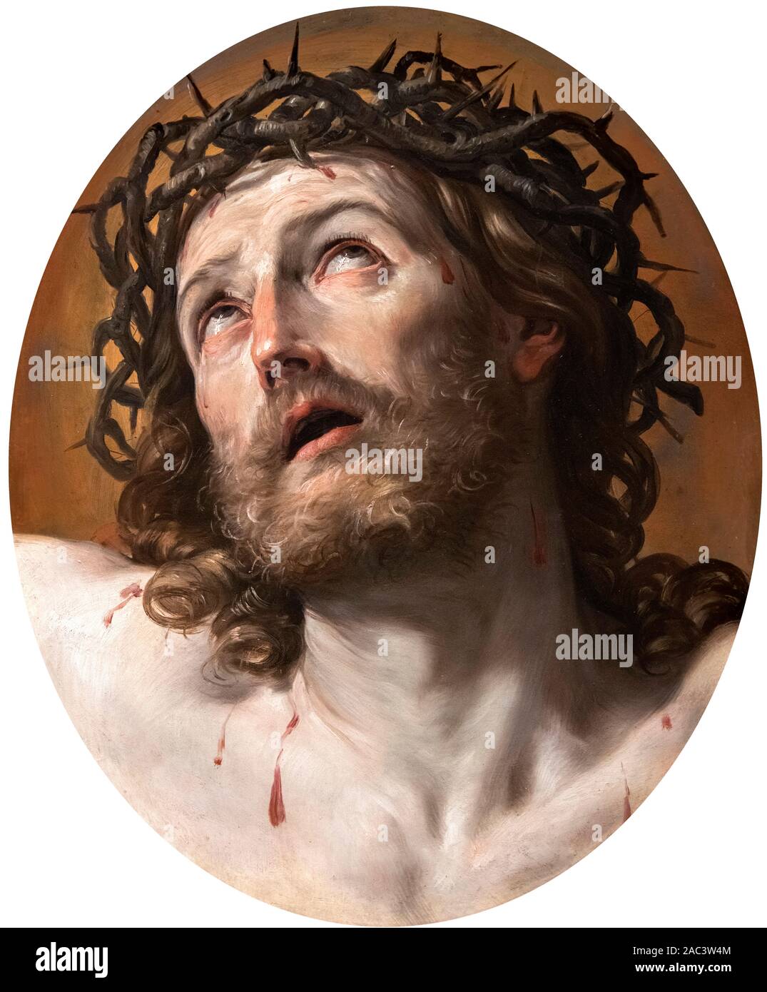 Gesù Chris ritratto. Testa di Cristo coronato di spine di Guido Reni (1575-1642), olio su rame, primi 1630s Foto Stock