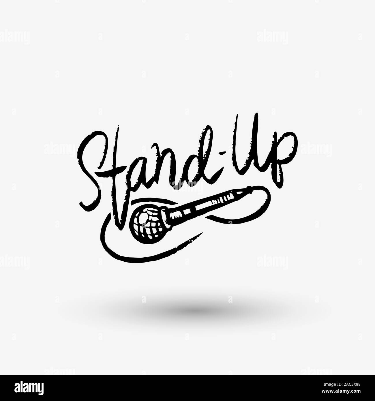 Lettering Stand Up. Testo calligrafico comedy show. Incisi disegnati a mano nel vecchio vintage schizzo per poster, badge web, etichetta, emblema o il logo. Concetto su Illustrazione Vettoriale
