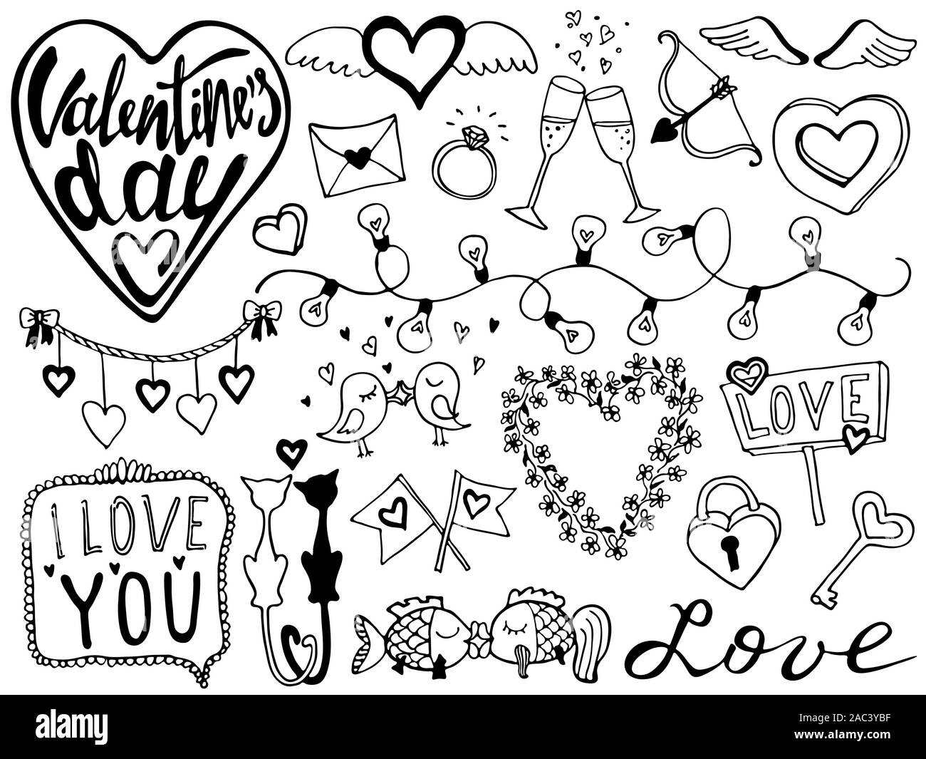 Il giorno di San Valentino disegnati a mano romantica doodle collection. La calligrafia e illustrazione vettore set. Simboli di San Valentino. Design per stampe, biglietti e la colorazione di pagina. Illustrazione Vettoriale