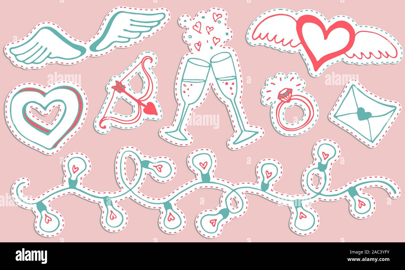 Il giorno di San Valentino disegnati a mano romantica doodle collection. Vettore di adesivi set. Simboli di San Valentino. Design per stampe, biglietti e la colorazione di pagina. Illustrazione Vettoriale