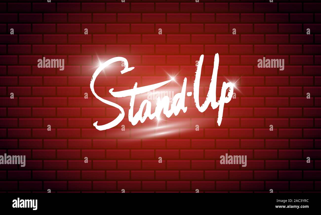 Lettering Stand Up. Testo calligrafico comedy show. Incisi disegnati a mano nel vecchio vintage schizzo per poster, badge web, etichetta, emblema o il logo. Concetto su Illustrazione Vettoriale
