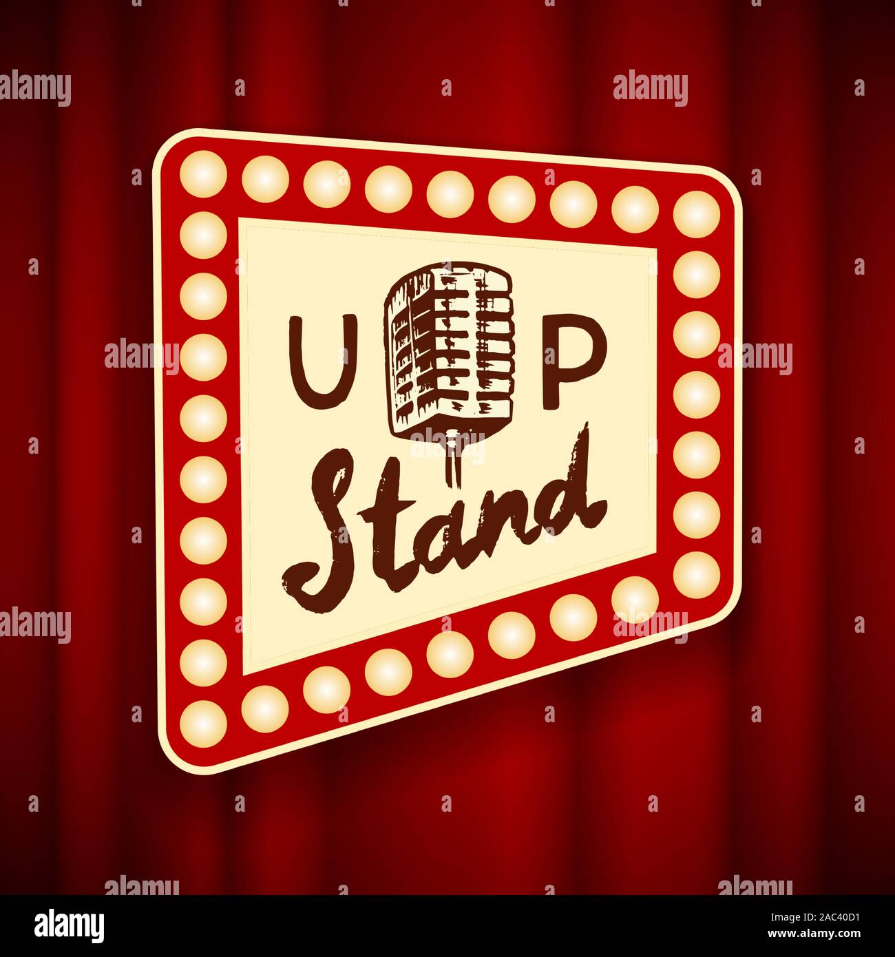 Lettering Stand Up. Testo calligrafico comedy show. Incisi disegnati a mano nel vecchio vintage schizzo per poster, badge web, etichetta, emblema o il logo. Concetto su Illustrazione Vettoriale