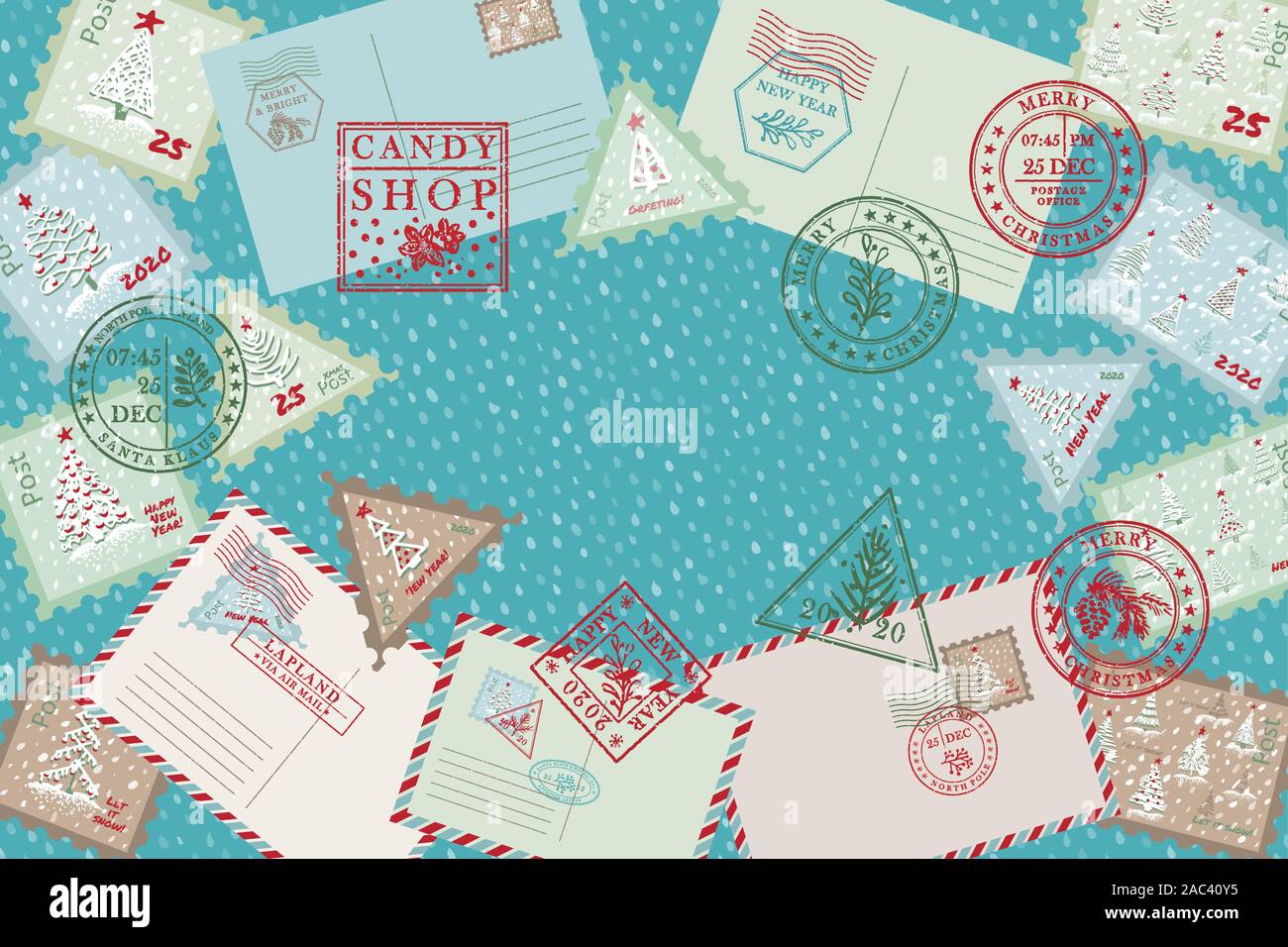 Celebrazione sfondo con vintage air mail cartolina e busta, textured Grunge christmas spedizione timbri in gomma Xmas holiday simboli in Illustrazione Vettoriale