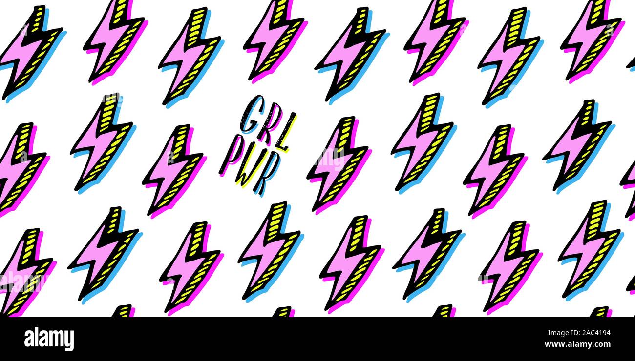 Girl power preventivo con seamless pattern in pop-art style. Grl pwr slogan. Femmina, femminismo simboli. Illustrazione Vettoriale. Può essere utilizzato come stampa di poster, t-shirt, cartolina. Illustrazione Vettoriale