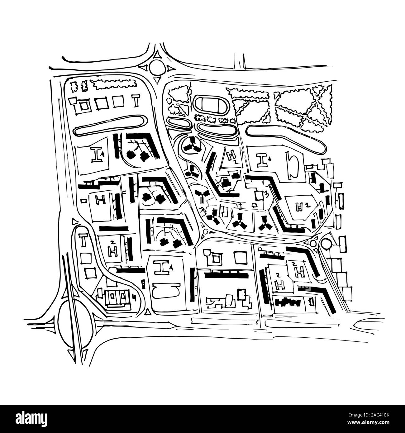 Piano urbano della città, il vecchio villaggio. Doodle mappa della città. Vettore di disegno della città. Mappa stradale. Una megalopoli futuristica Città piano di base. Illustrazione Vettoriale