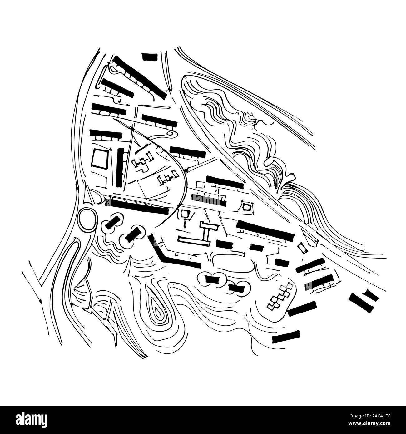 Piano urbano della città, il vecchio villaggio. Doodle mappa della città. Vettore di disegno della città. Mappa stradale. Una megalopoli futuristica Città piano di base. Illustrazione Vettoriale