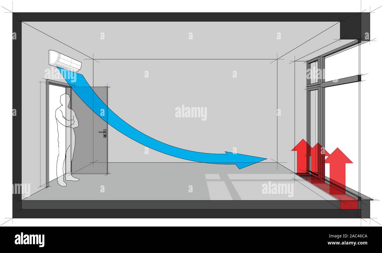 3d illustrazione della stanza vuota con lo sportello e alte finestre francesi e uomo in piedi nella porta aperta e montato a parete aria condizionata e convettore Illustrazione Vettoriale