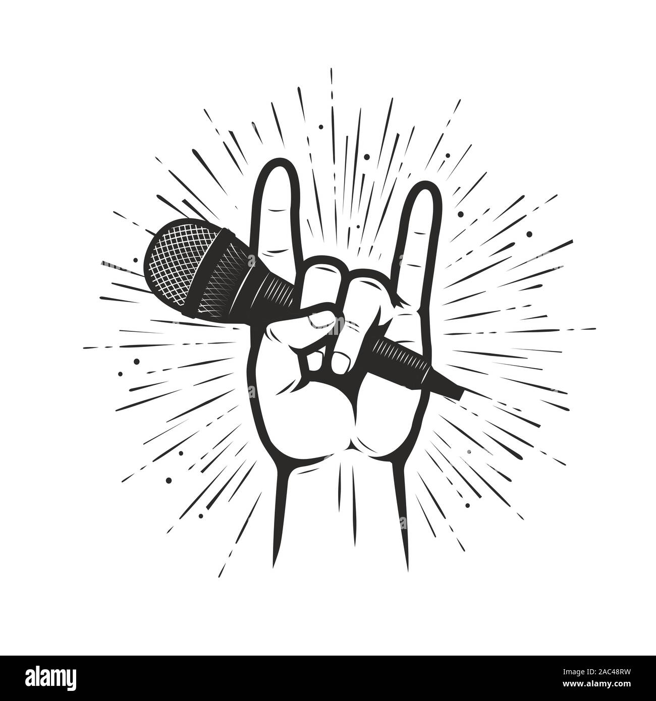 Simbolo o emblema musicale. Illustrazione del microfono in mano Illustrazione Vettoriale