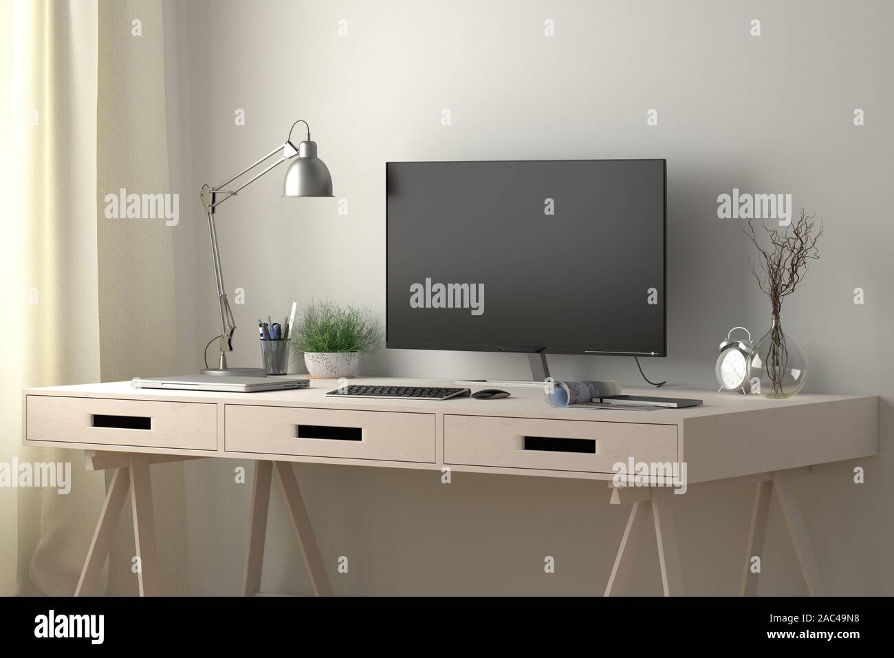 Scrivania con monitor per computer. Ambiente di lavoro in studio o a casa con parete bianca. Tracciato di ritaglio intorno alla visualizzazione Foto Stock