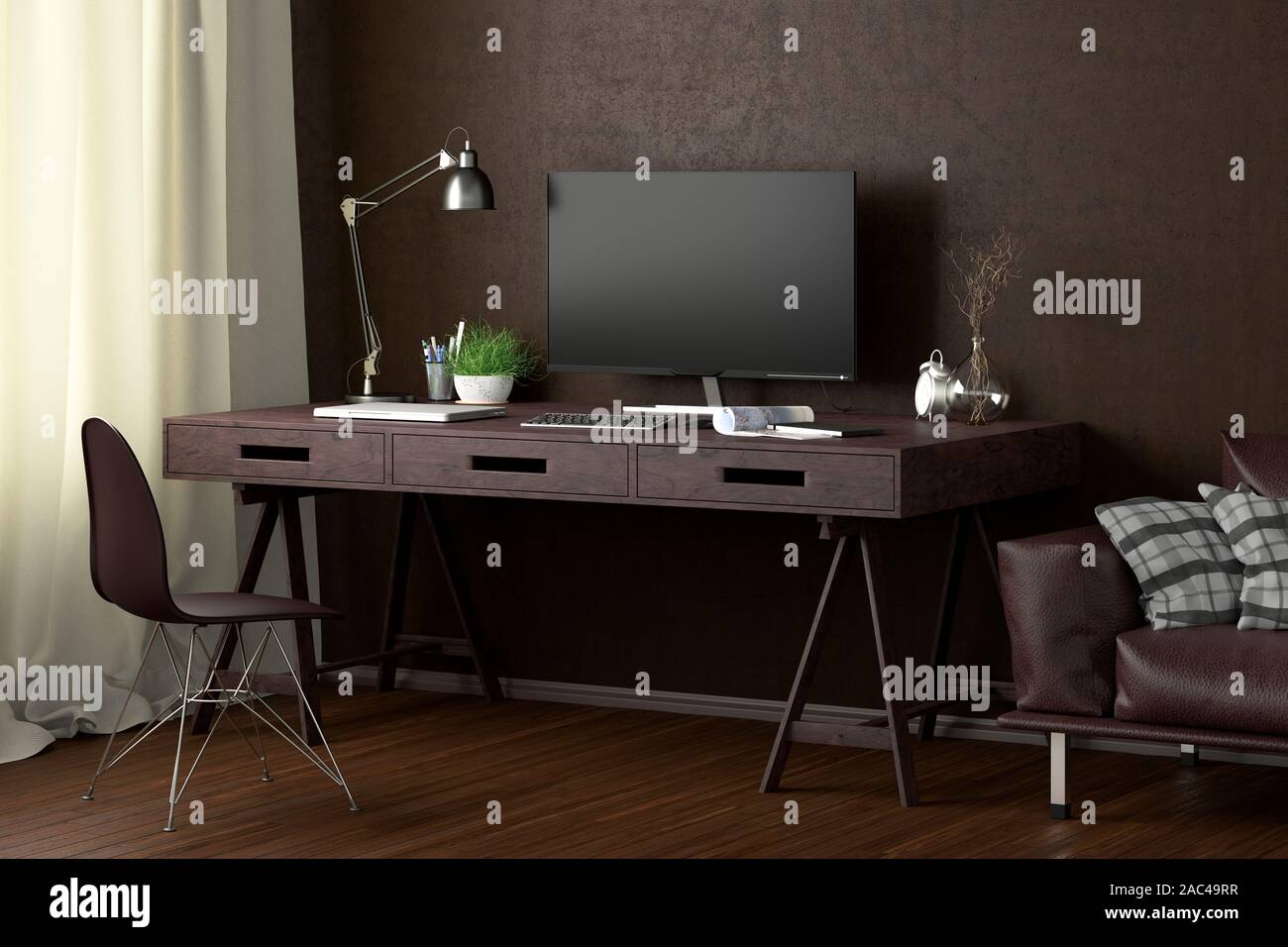 Scrivania con monitor per computer. Posto di lavoro in studio o a casa con parete marrone. Tracciato di ritaglio intorno alla visualizzazione Foto Stock