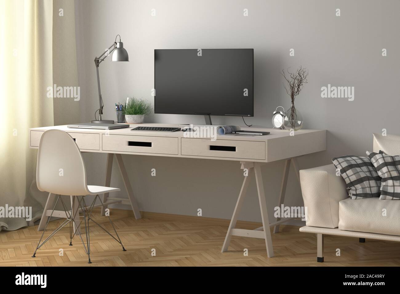 Scrivania con monitor per computer. Ambiente di lavoro in studio o a casa con parete bianca. Tracciato di ritaglio intorno alla visualizzazione Foto Stock