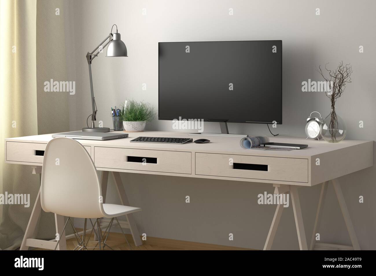 Scrivania con monitor per computer. Ambiente di lavoro in studio o a casa con parete bianca. Tracciato di ritaglio intorno alla visualizzazione Foto Stock