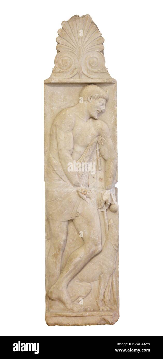 Rilievo marmoreo lapide stele cosiddetta Stele Borgia con l uomo e cane. Isolato con tracciato di ritaglio Foto Stock