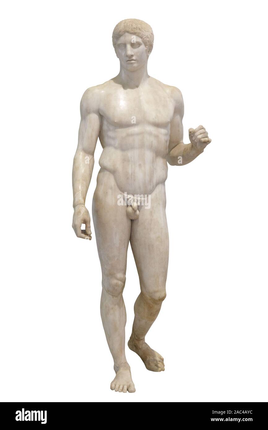 Il Doriforo statua. Marmo romana copia della classica greca contrapposto statua "PERA-Portatore' di Polykleitos. Isolato con tracciato di ritaglio Foto Stock