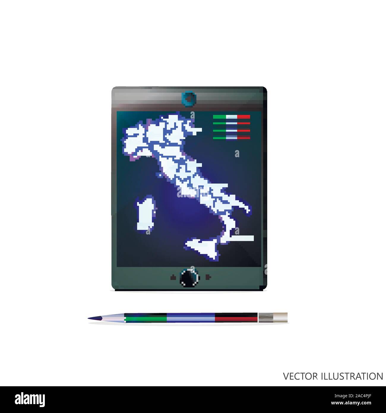 Abstract sfondo con mappa Italia e bandiera sulla tavoletta, computer, telefon. Presentazione dello sfondo. Luminose illustrazione vettoriale con la compressa, matita e bandiera. Illustrazione Vettoriale