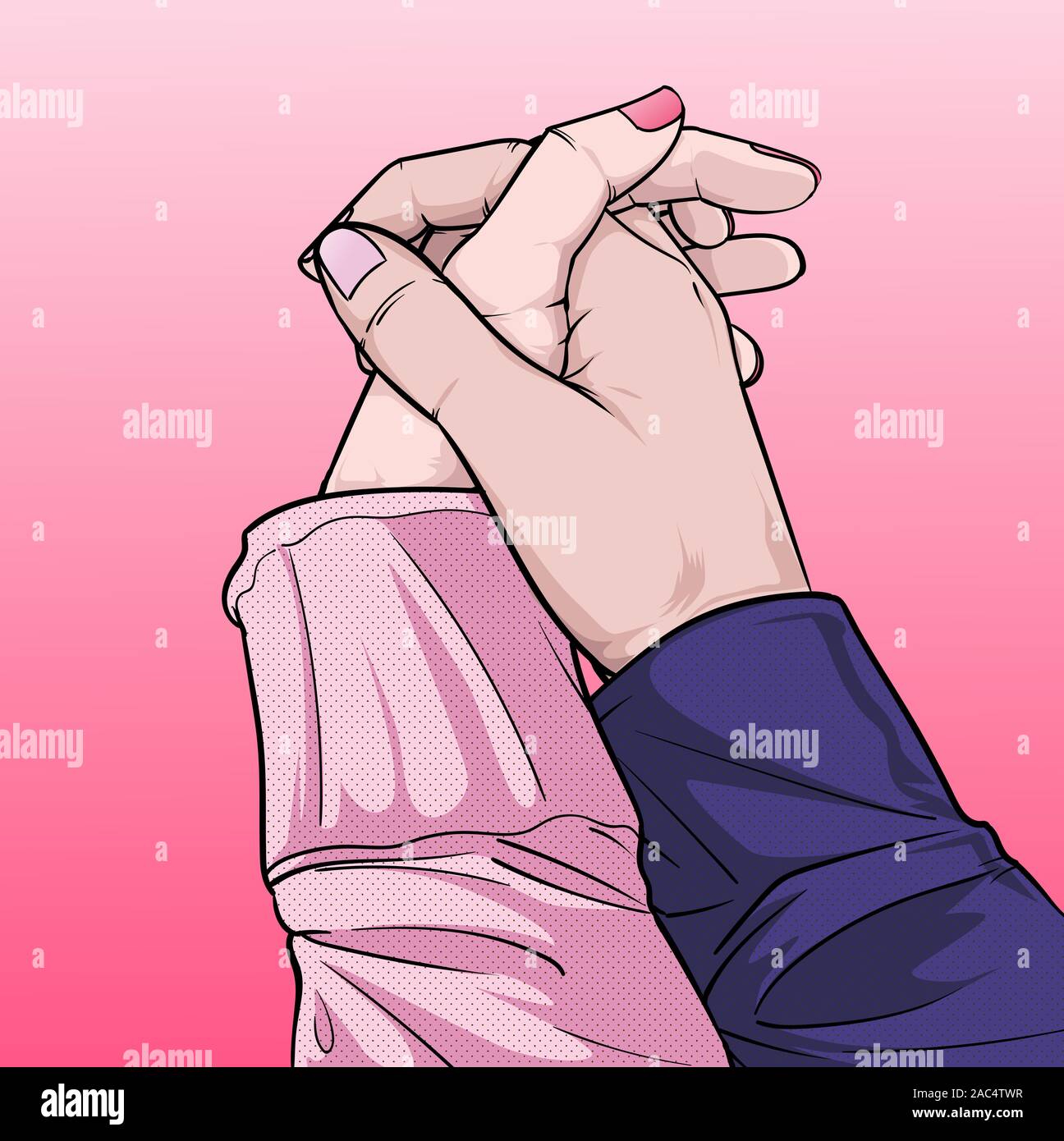 Bella azione maschio e femmina mani agitare le mani per rappresentare l'amore Illustrazione Vettore sulla pop art in stile fumetto sfondo astratto Illustrazione Vettoriale