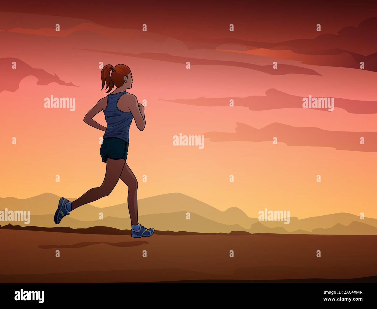 Donne jogging in serata Illustrazione Vettore sulla pop art in stile fumetto colorato sfondo naturale Illustrazione Vettoriale