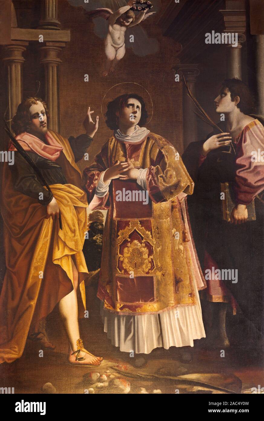 REGGIO EMILIA, Italia - 12 Aprile 2018: La pittura di Santo Stefano e oder martiri nella Chiesa di Santo Stefano da sconosciuto artis regionale. Foto Stock