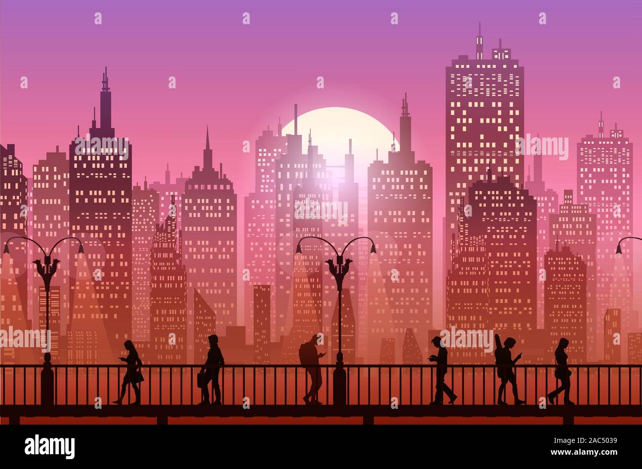 Centro città sfondo nella sera dello sfondo del paesaggio tramonto illustrazione vettore sole stile colorato sfondo vista Illustrazione Vettoriale