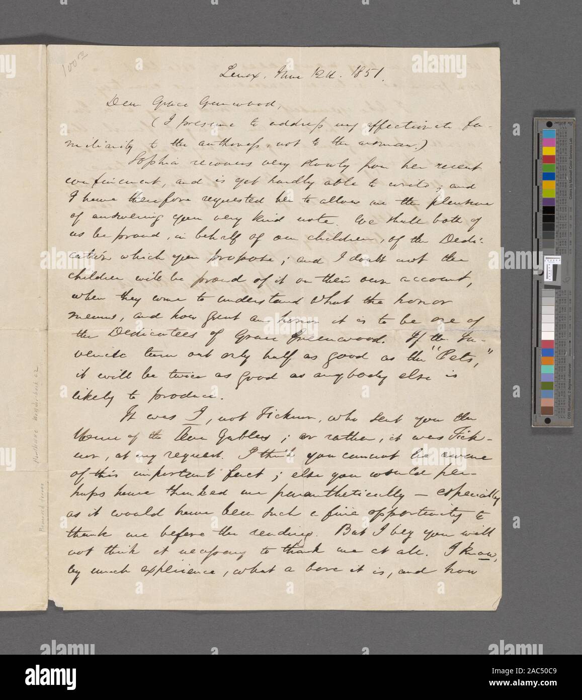 Greenwood, Grazia (Sara Jane Clarke Lippincott), ALS di Giu 12, 1851 Citazione/Riferimento: centenario Edition, XVI, le lettere 1843-1853, p. 448, #492Greenwood, grazia [Sara Jane Clarke Lippincott], ALS a. Giugno 12, 1851. Foto Stock